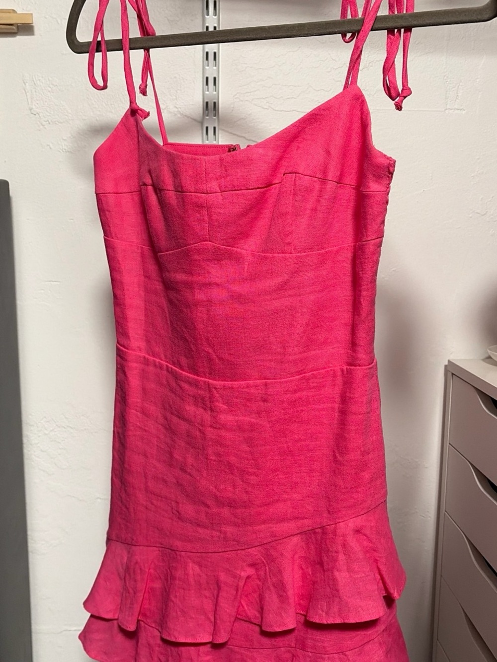 Etiquette Clothiers Hot Pink Tie-Shoulder Ruffle Mini Dress
